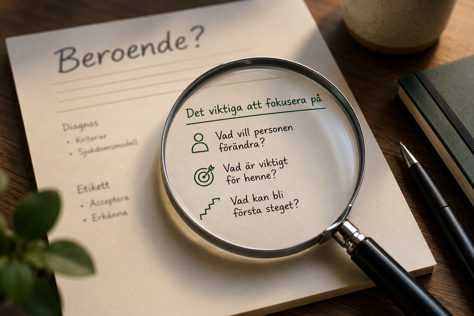 Ett förstoringsglas över ett papper med texten Det viktiga att fokusera på samt tre frågor om förändring och mål.