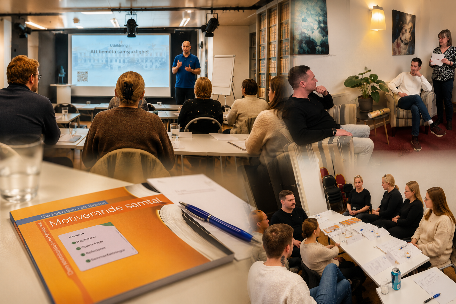 Kollage med grupputbildning, föreläsning, diskussioner, och en bok med titeln Motiverande samtal.