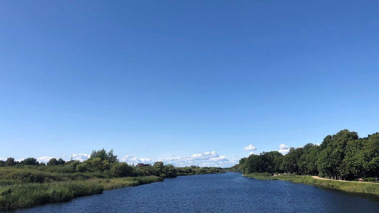 Bred å som kantas av träd och vass under en blå himmel med lätta moln vid horisonten.