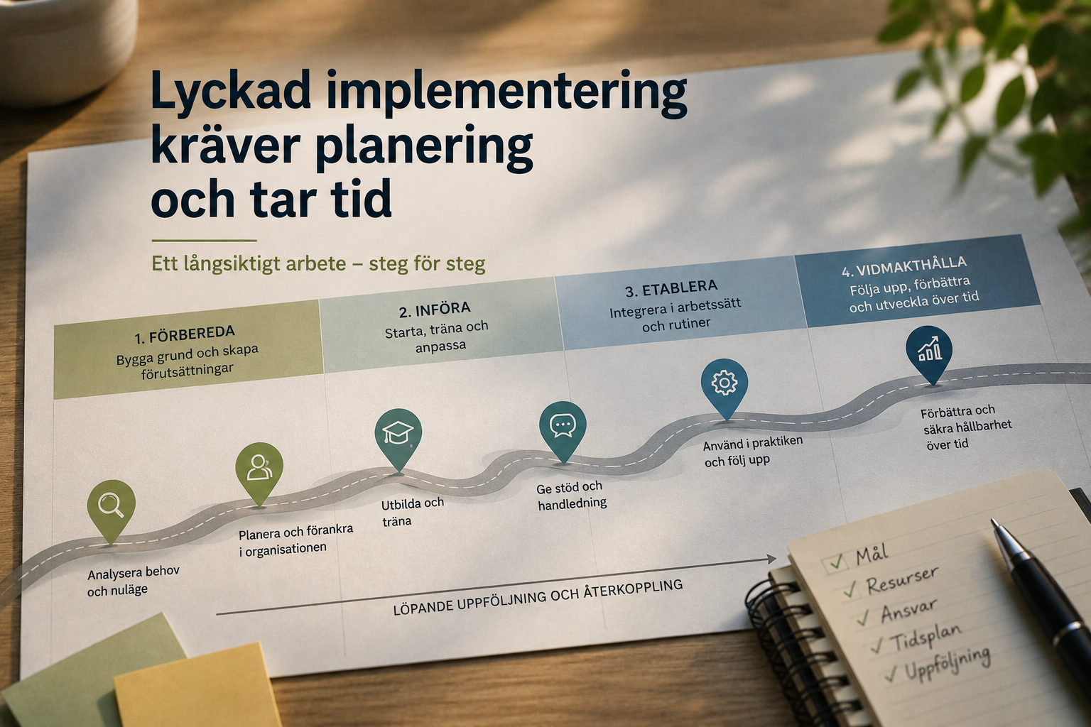 Infografik om implementering i fyra steg: förbereda, införa, etablera och vidmakthålla, samt block med checklista.