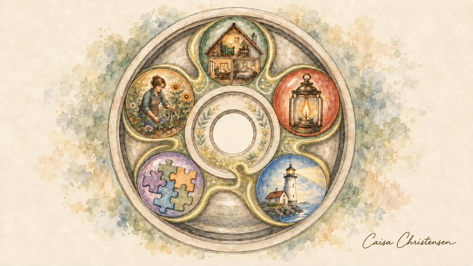 Cirkulär illustration med fem runda motiv: ett hus, en lykta, en fyr, pusselbitar och en kvinna i en trädgård.