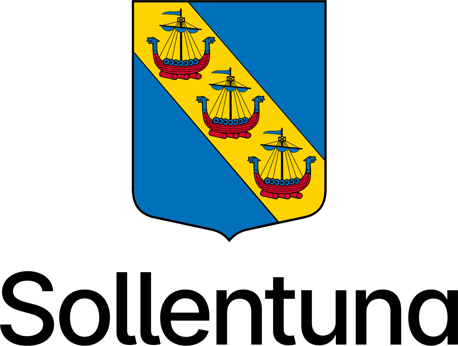 Sollentuna kommunvapen med tre röda vikingaskepp på ett gult diagonalt band mot blå bakgrund.